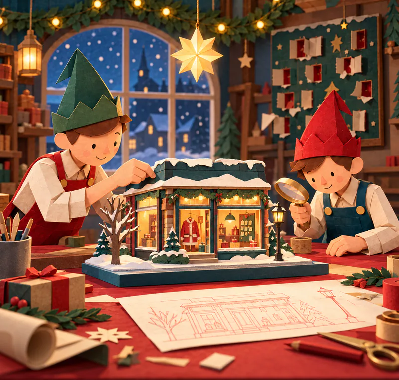 Two paper elves inspect a miniature snowy shop with a red coat in its window, surrounded by plans, tools and warm workshop lights.