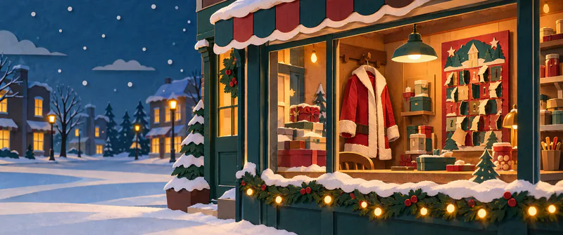 A red coat hangs behind a snowy shop window beside a paper advent calendar with torn doors, while amber lamps illuminate an empty winter street.