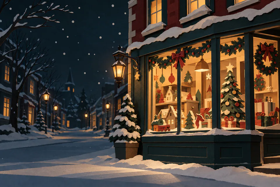 Snow falls outside a glowing paper shop window filled with miniature houses, wrapped gifts and Christmas trees beside an empty dark street.