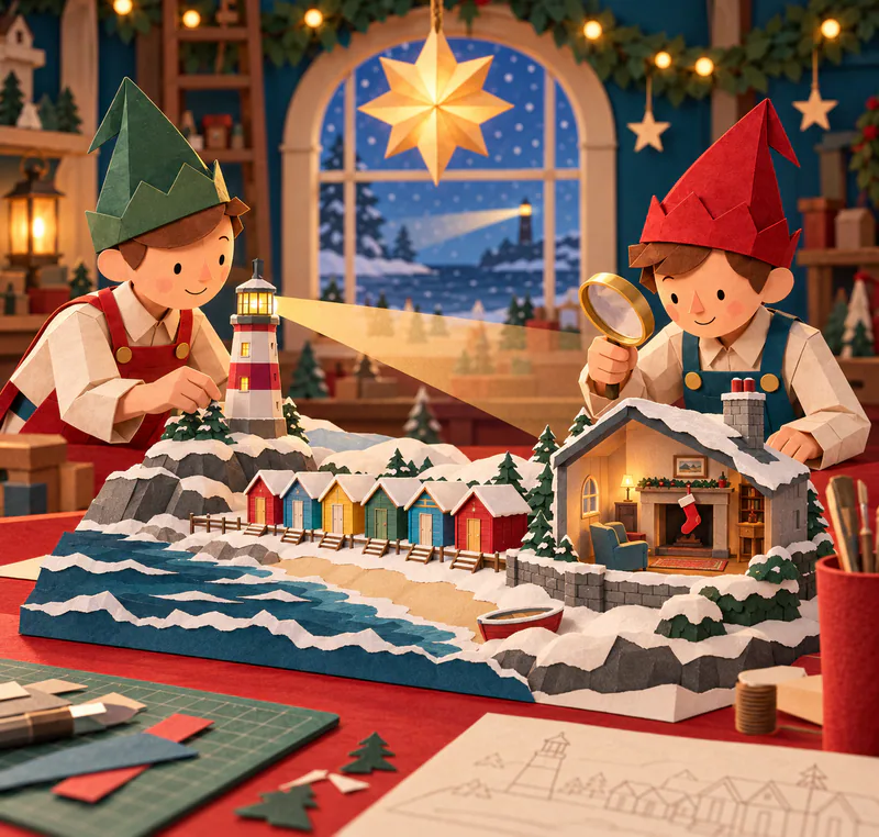 Two paper elves study a coastal miniature with colourful snowy beach huts, a lighthouse beam and an open cottage with a single red stocking above the hearth.