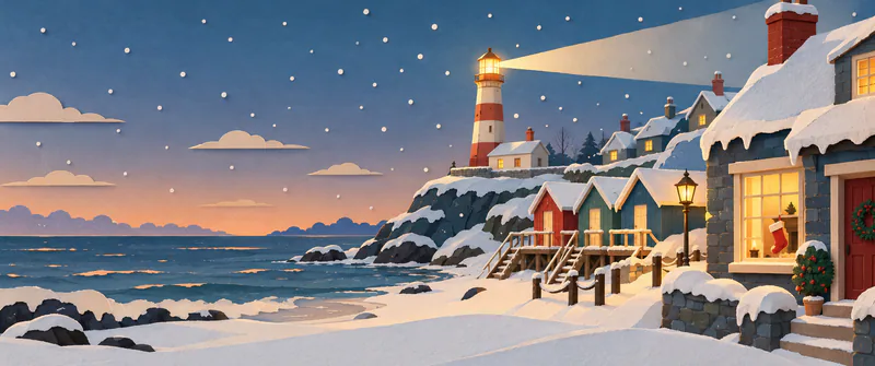 A lighthouse beam sweeps over snowy beach huts and seaside cottages at dusk. A single stocking hangs in the nearest glowing window, with open sea to the left.