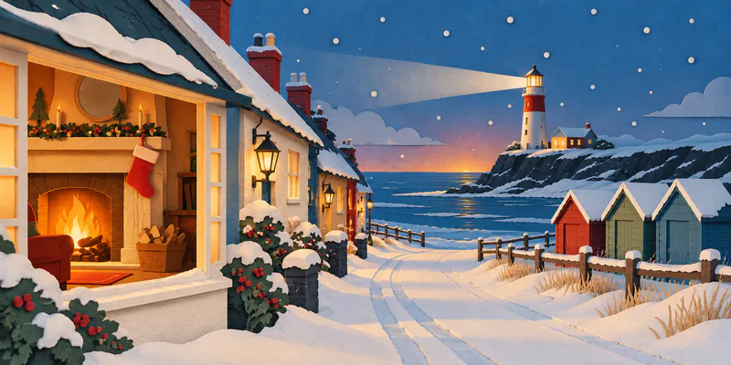 A single red stocking hangs above a warm cottage hearth beside a snowy seaside lane. Colourful beach huts face the sea as a lighthouse beam cuts across the dusk sky.