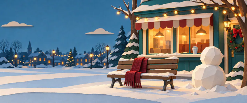 A burgundy scarf hangs over a snowy bench beside a glowing teal diner and unfinished paper snow sculpture, with a festive town in the distance.
