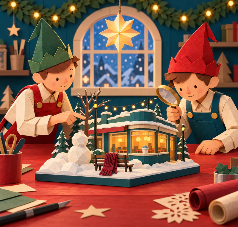 Two paper elves examine a snowy diner model with a burgundy scarf on a bench, an unfinished snow sculpture and a cup of ice in the window.