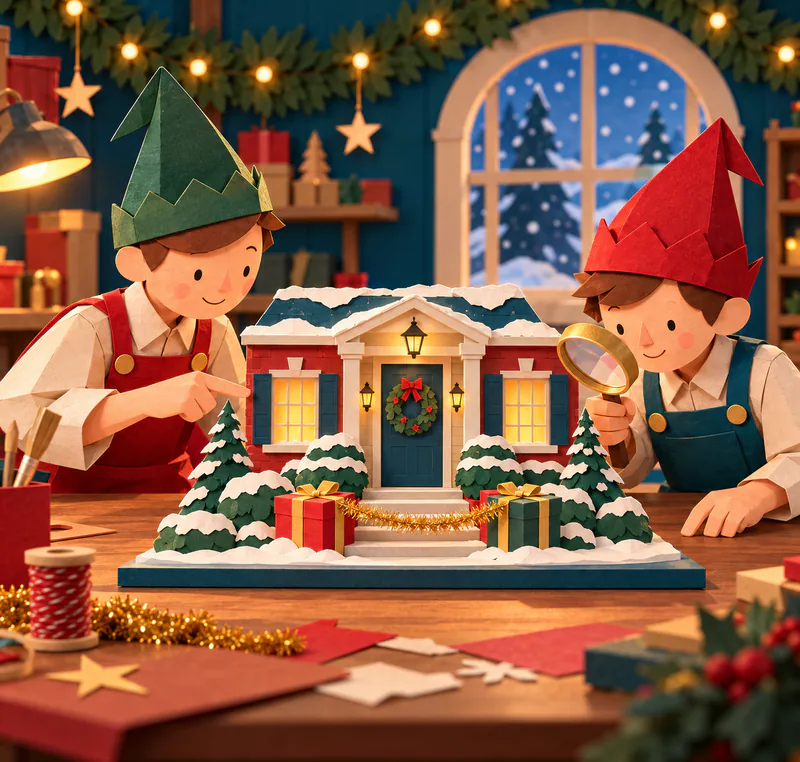 Two paper elves inspect a miniature snowy doorway with glowing windows and two presents linked by gold tinsel on a warmly lit workshop bench.