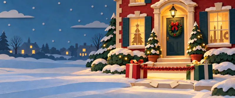 Two presents joined by taut red tinsel stand on snowy steps with detached tags below, beside a glowing doorway and a quiet blue winter garden.