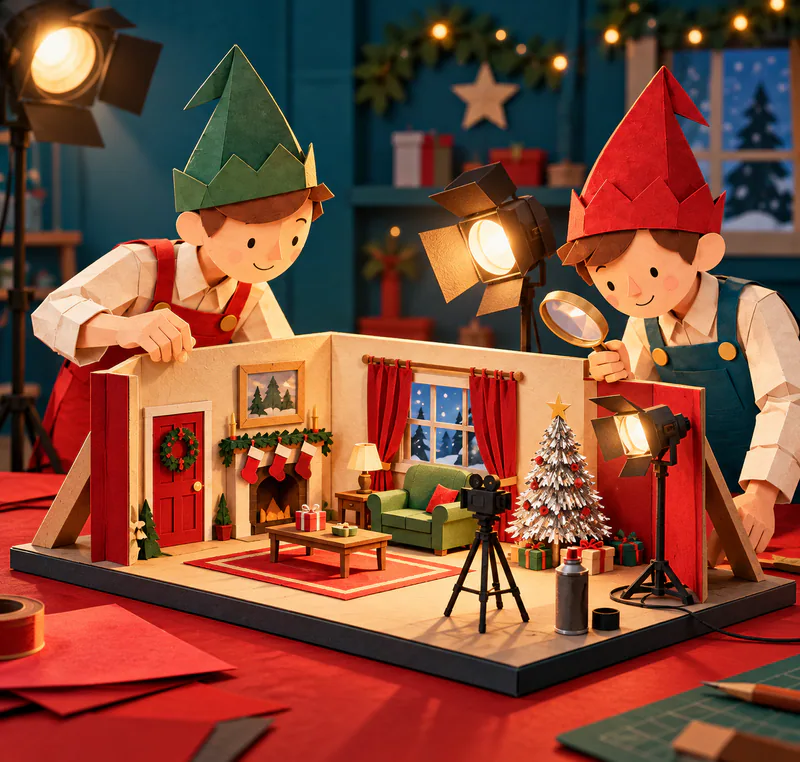 Two paper elves inspect a miniature Christmas studio set. A small tripod camera, silver tree and spray can stand before red curtains and a green sofa under bright lamps.