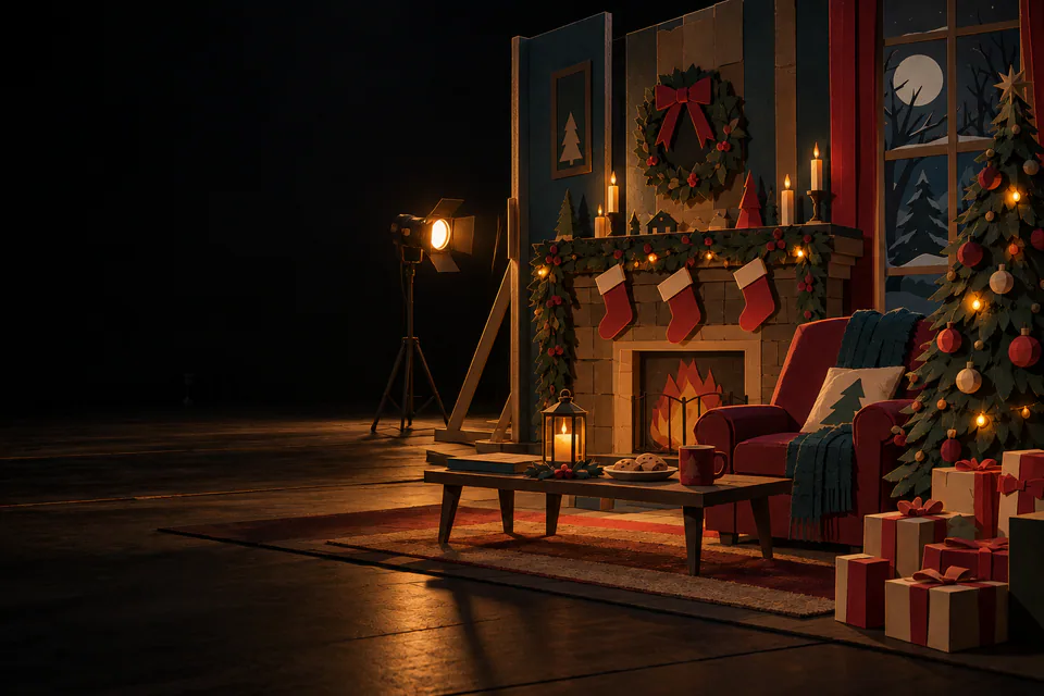 A paper Christmas living-room set stands in a dark studio, with exposed wall supports, a tripod lamp, a false fireplace and a decorated tree.