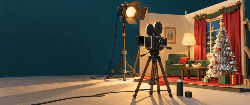 A paper camera on a tripod faces a Christmas living-room set with a silver tree. A studio lamp casts long shadows past an uncapped black spray can on the floor.