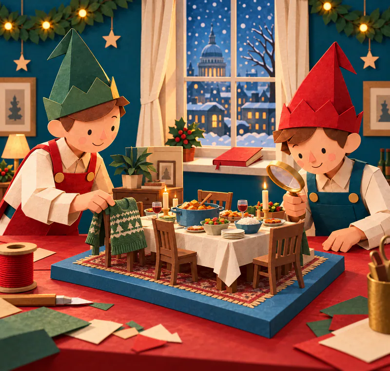 Two elves inspect a miniature candlelit dining table with a pot of food and a green jumper over a chair. A red book lies by the snowy workshop window.