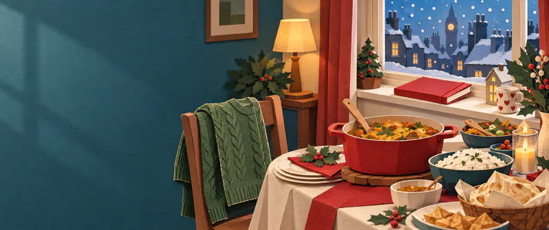 A curry buffet, green jumper over a chair and closed red book sit beside a snowy city window. Warm lamplight falls across a plain teal wall to the left.