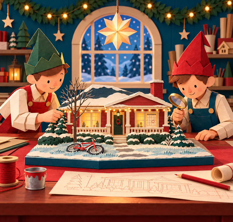 Two paper elves inspect a snowy red bungalow model with porch lights, a fallen bicycle and a blank calendar marked with a red circle.