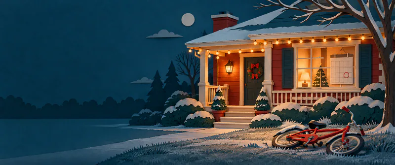 A red child’s bicycle lies on frosted grass beside a warmly lit paper porch, with a blank calendar and red circle visible through the window.