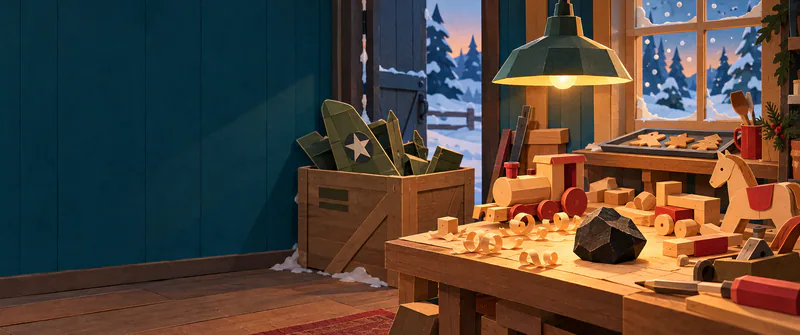 A lump of coal sits among paper toys on a warm workshop bench, with aircraft parts in a crate and biscuits beside a frosted window.