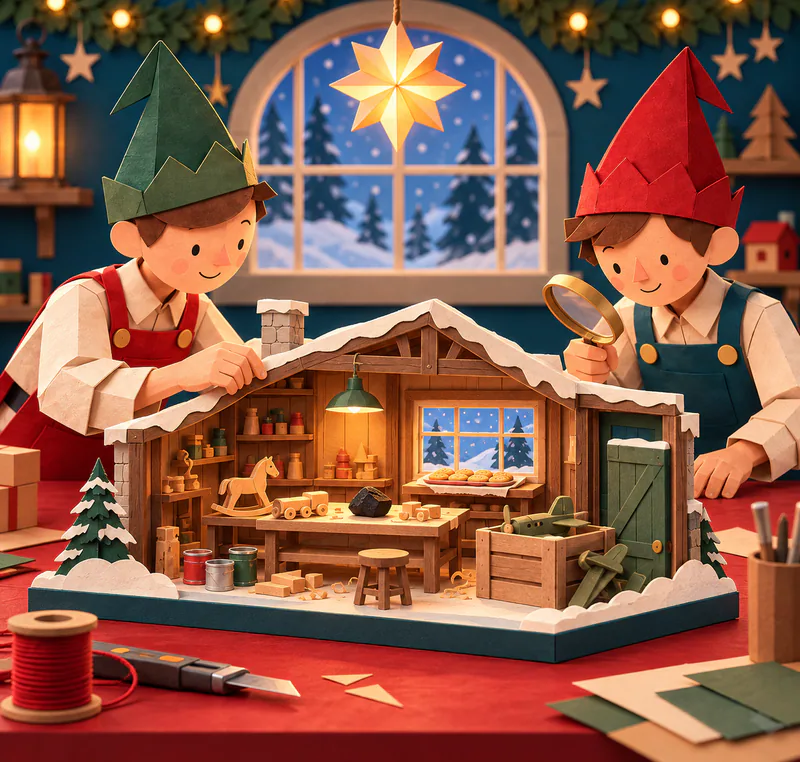 Two paper elves inspect an open-front workshop model with toys and coal on a bench, aircraft pieces in a crate and biscuits by the window.