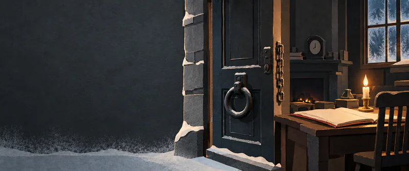 A dark paper doorway with an iron ring and hanging chain opens onto a candlelit desk, blank ledger and small grate. Frost edges the quiet charcoal wall and window.