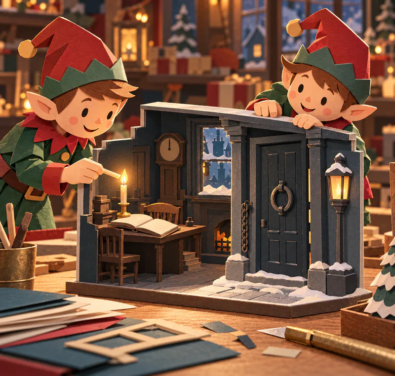 Two paper elves inspect a miniature Victorian room on a workbench. One lights a candle beside an open ledger, while a ring-knocker door, chain and snowy window frame the model.