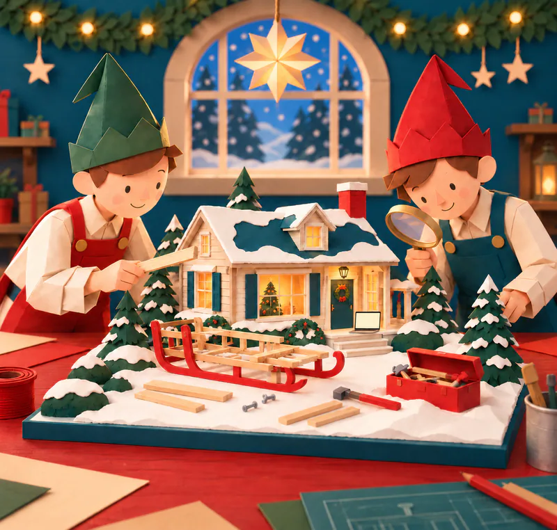 Two paper elves inspect a snowy house model with an unfinished red-runner sledge and toolbox. A tiny blank laptop sits on the porch, and a Christmas tree lights the front window.