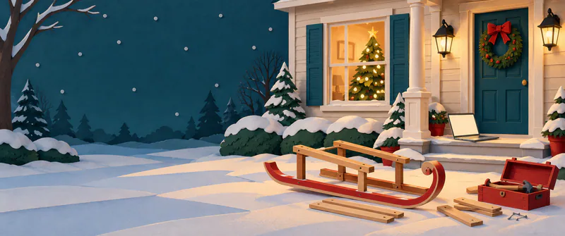 An unfinished paper sledge and open red toolbox sit on a snowy driveway. A blank-screen laptop rests on the porch step beneath a window glowing with Christmas tree lights.