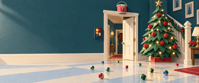 A red paint tin balances above an open doorway beside a glowing control panel and Christmas tree, with colourful paper marbles scattered across the pale hallway floor.