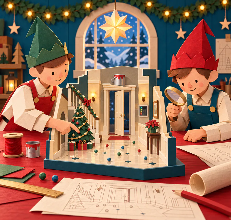 Two paper elves study a miniature Christmas hallway on a red workbench. A paint tin rests above its doorway and coloured marbles lie beside a decorated tree.