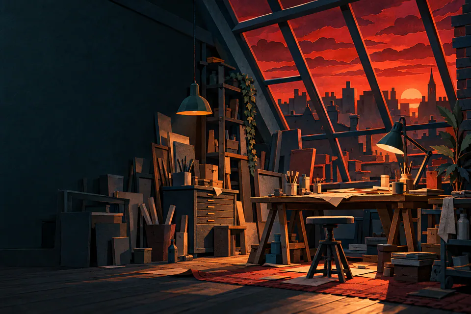 A cluttered paper artist's studio holds blank canvases, brushes and work lamps beneath sloping windows overlooking a fiery orange city sky.