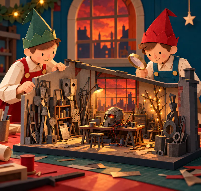 Two paper elves inspect a miniature artist’s studio filled with scrap sculptures, a workbench and a branch of fairy lights.