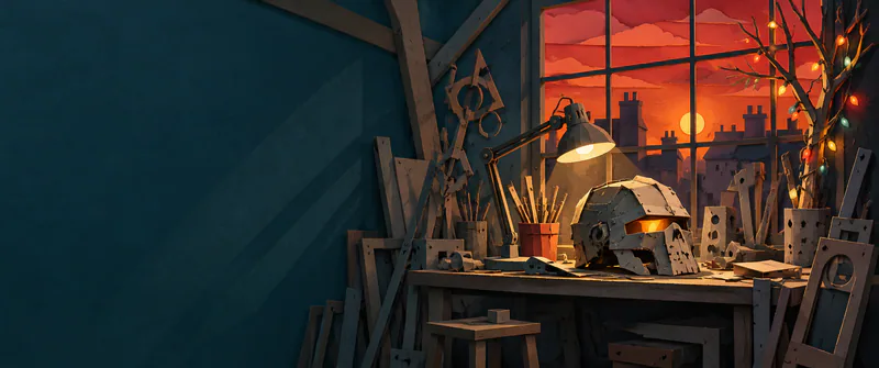 An angular paper scrap sculpture rests on an artist’s workbench beneath a red-orange sky and a branch of Christmas lights.