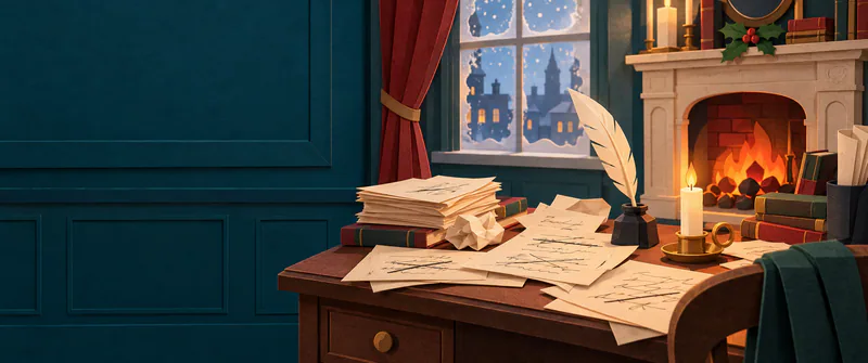 A candlelit paper desk holds scattered drafts and a quill, with a glowing hearth, holly and a frosted window behind it.