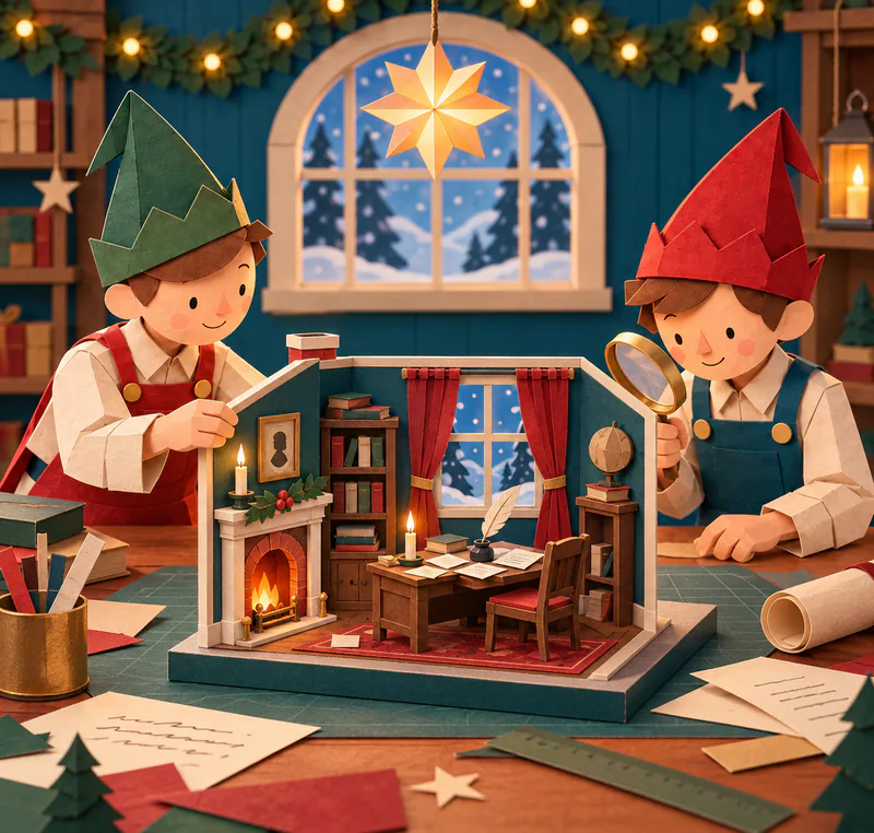 Two paper elves inspect a miniature study with a writing desk, quill, snowy sash window and glowing fireplace on their workbench.