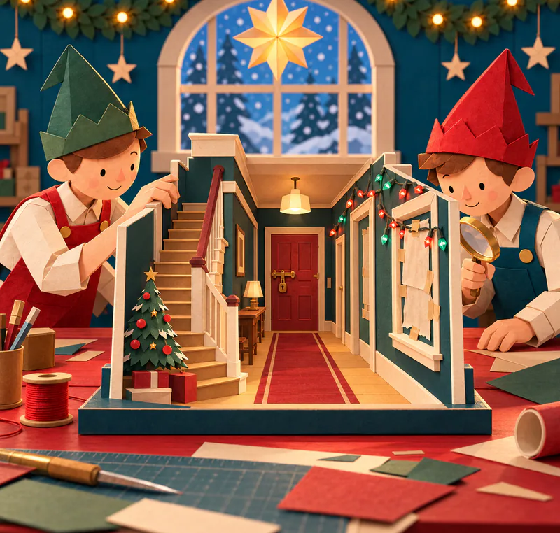 Two paper elves inspect a cutaway hallway model with stairs, a small Christmas tree, paper-covered windows and a padlocked red door beyond a red runner.