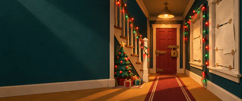 A narrow teal hallway leads to a padlocked red door, with blank paper covering the windows, red and green fairy lights and a small Christmas tree beside the stairs.