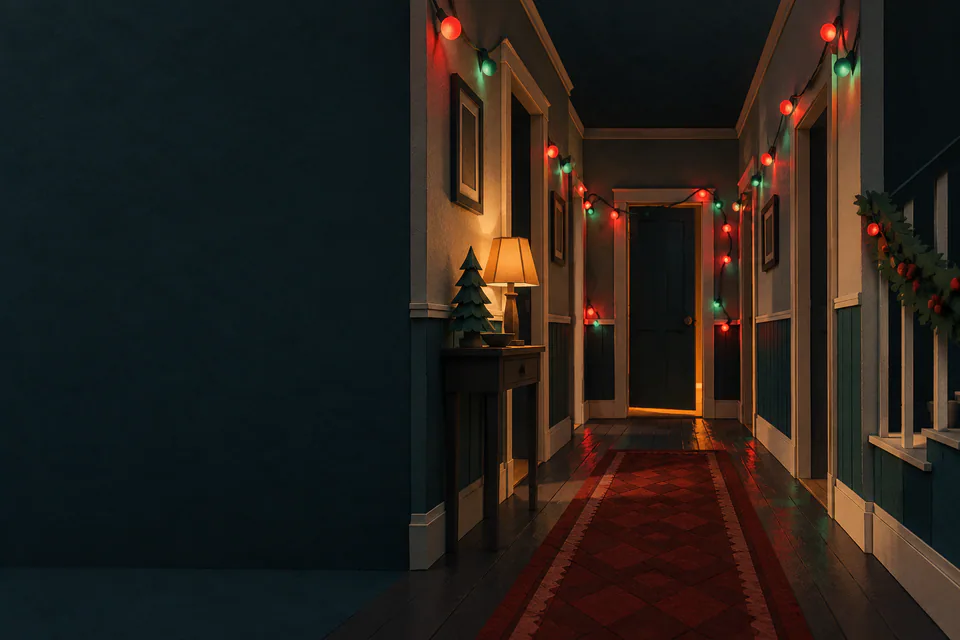Red and green fairy lights line a narrow paper hallway, with an amber table lamp and a partly open door casting light across the floor.