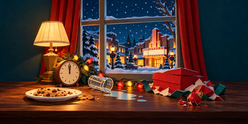 A lamplit paper tableau holds a clock, spilled glass, biscuits and red gift box beneath a window onto a snowy cinema, framed by dark teal walls.