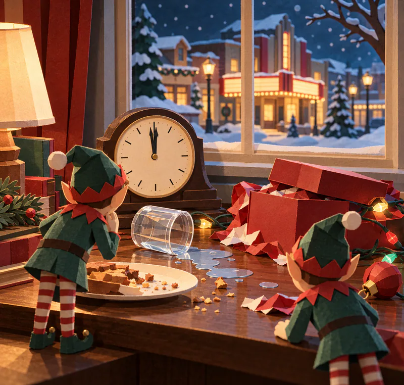 Two paper elves inspect a cream clock, tipped glass, biscuit crumbs and red gift box beside a window overlooking a warmly lit cinema in the snow.