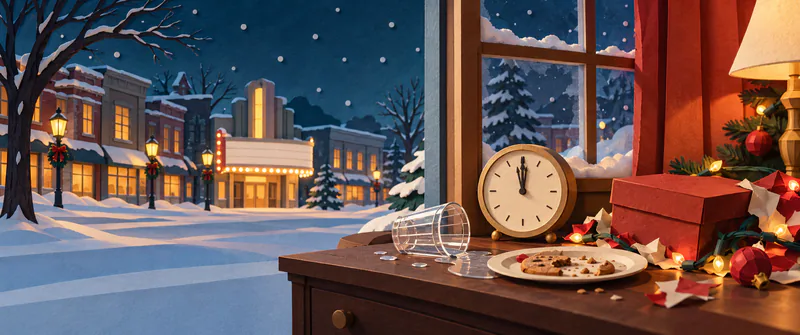 A cream clock, tipped glass, biscuit plate and red gift box sit beside a window overlooking a snowy cinema and warmly lit shops, crafted in layered paper.