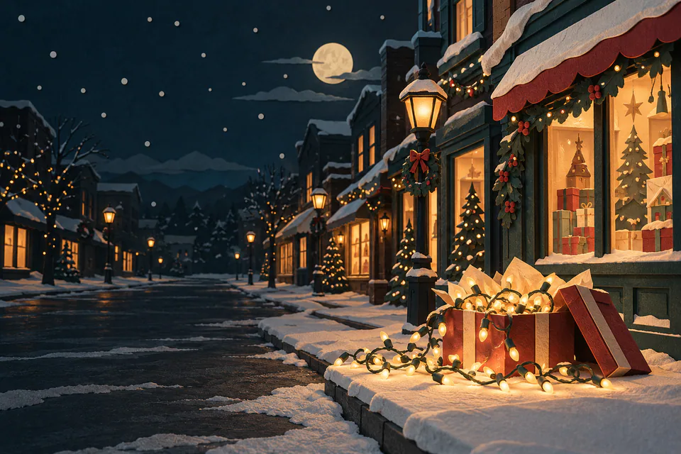 Glowing fairy lights spill from an open present onto a snowy pavement, beside amber shop windows on an empty, moonlit paper high street.