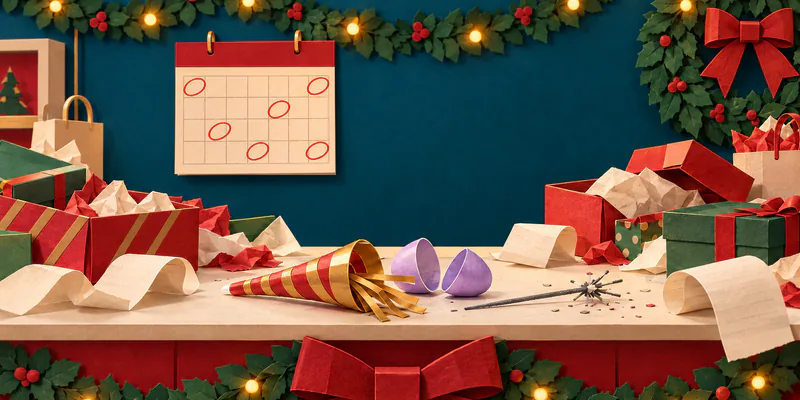 A striped party horn, purple egg halves and spent sparkler sit between piles of Christmas parcels and receipts. A blank calendar with red rings hangs beside a clear teal centre.