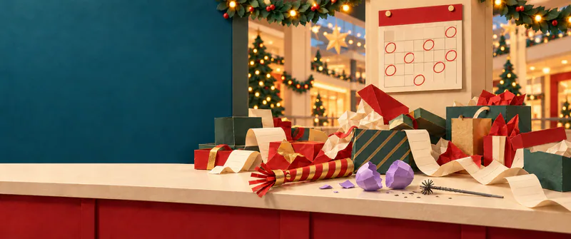 Christmas gifts and curled receipts pile across a returns counter with a striped horn, split purple egg and spent sparkler. A calendar with red circles hangs above, beside an empty festive arcade.