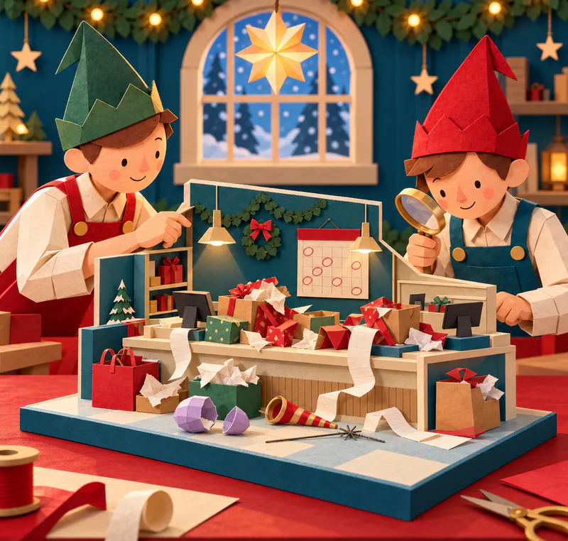 Two paper elves inspect a miniature returns counter piled with parcels and receipts. A purple egg, striped horn and spent sparkler sit below a calendar with red rings.