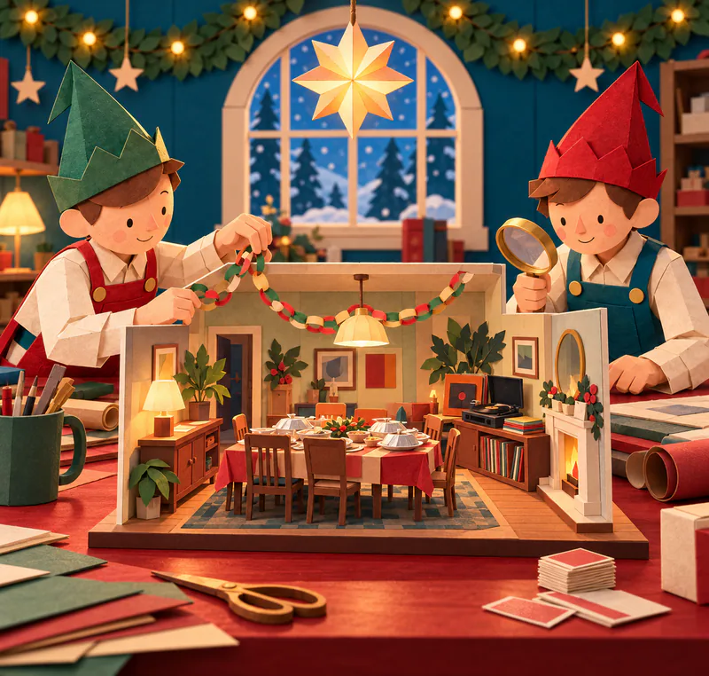 Two paper elves inspect a miniature dining room with a crowded table, record player and fireplace, while one adjusts a chain of paper loops.