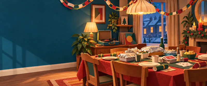 A paper front room glows with lamps above a table of covered dishes and playing cards, with a record player and colourful sleeves beneath hanging paper chains.