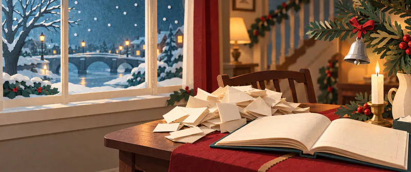 An open ledger and folded ivory envelopes fill a wooden table beneath a silver tree bell, with a quiet snowy bridge beyond the window.