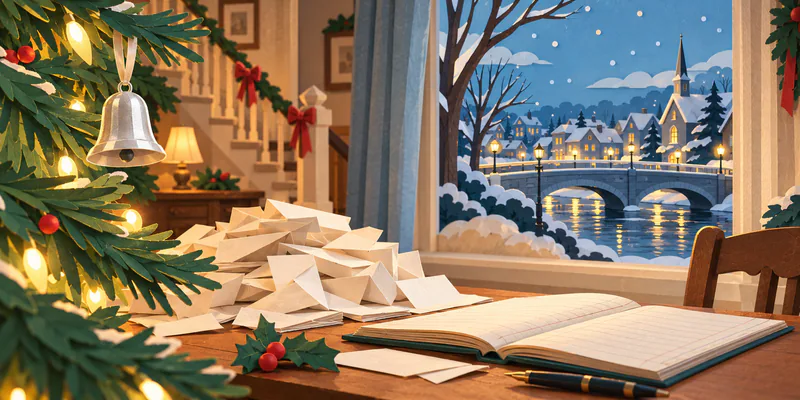 A silver tree bell hangs beside a pile of ivory envelopes and an open ledger, with a snow-covered village bridge visible through the window.