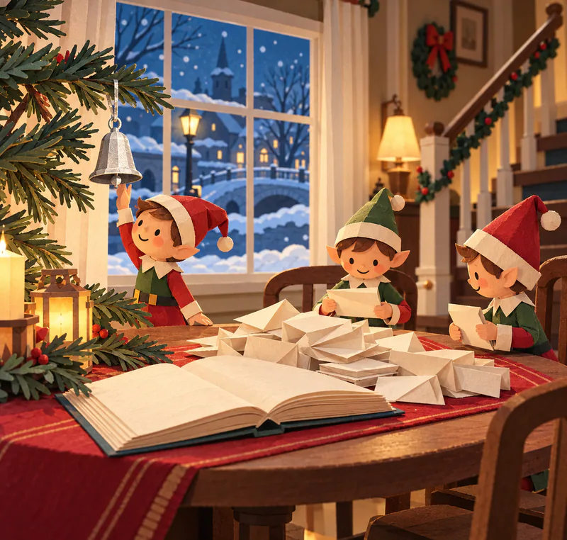 Three paper elves gather around a blank ledger and ivory envelopes, one reaching towards a silver bell hanging from a Christmas tree.