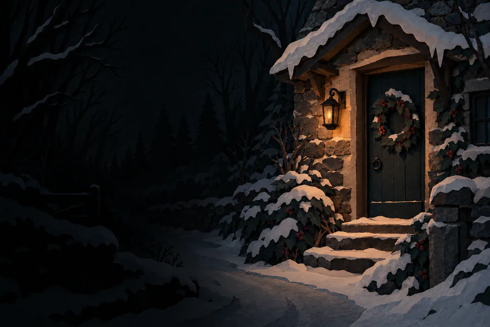 A crooked holly wreath hangs on a paper cottage door beside a dim lantern, with a snowy lane disappearing into dark woods.