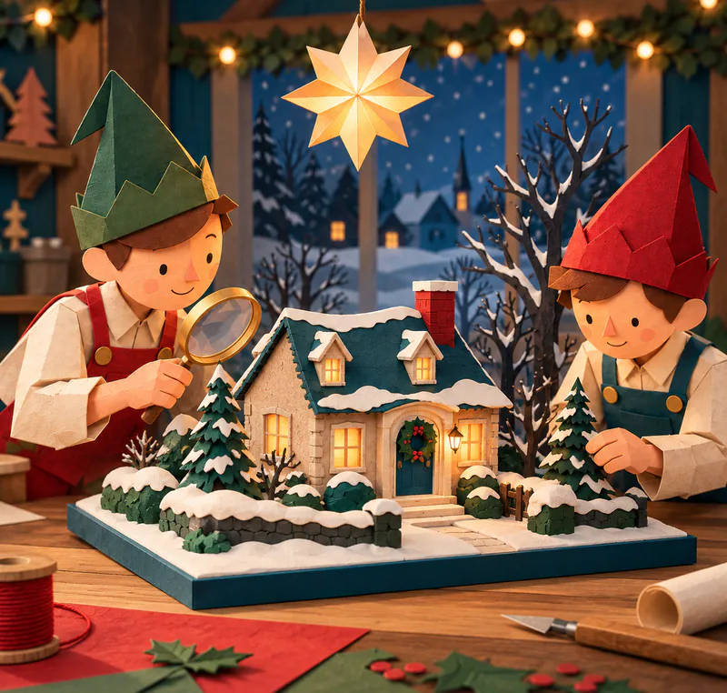 Two paper elves inspect a snowy cottage model with a teal door and uneven holly wreath. Bare dark trees rise behind its amber windows and snow-covered roof.