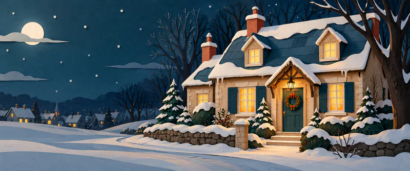 A cream paper cottage with amber windows and a holly wreath stands beside a snowy lane. Bare woods rise behind it beneath a deep blue moonlit sky.