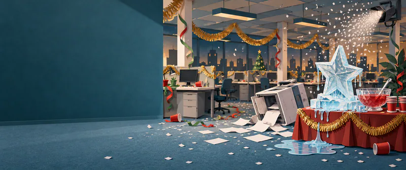 An empty paper office is strewn with cups and copier sheets beneath tinsel and falling snow, beside a melting star sculpture and punch bowl.