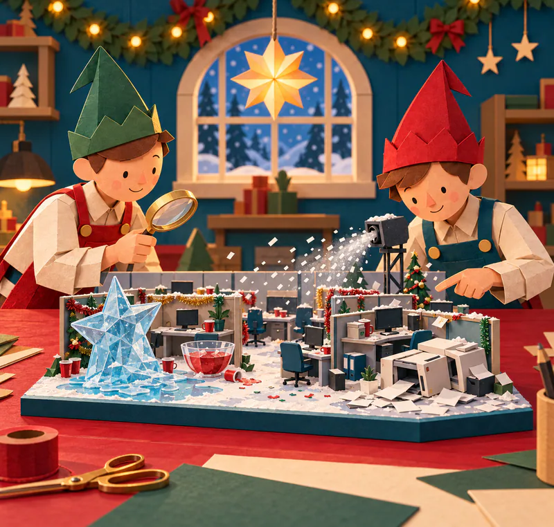 Two paper elves inspect a snowy office miniature with tinsel, a snow machine, punch bowl, blue star sculpture and overturned photocopier.